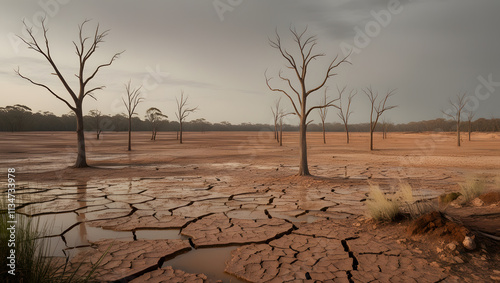 A desolate, cracked earth landscape of Lake Bindegolly National Park in the midst of a severe drought, with withered trees scattered sparingly across the dry, dusty terrain, their branches like skelet photo