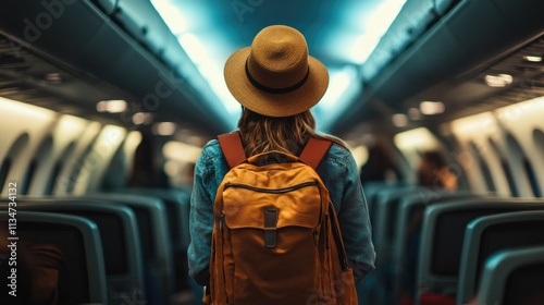 Rear view of a woman tourist with a backpack and hat standing in an airplane aisle, looking for her seat