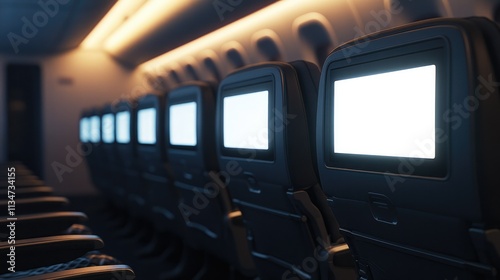 Row of airplane seats featuring blank LCD screens ready for custom content. Overhead lights add a cozy ambiance