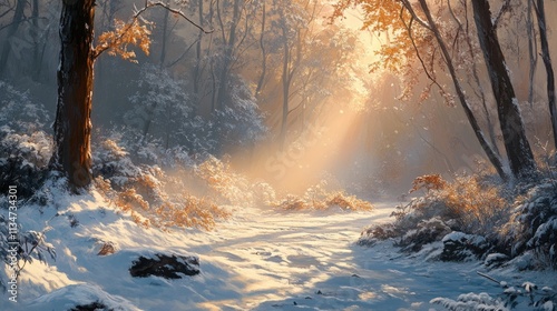 Sunlight cascading through snow-covered branches in a serene forest, casting a warm glow on the icy ground