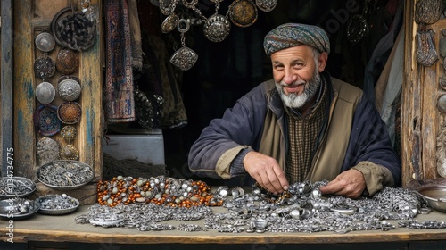 Tourist shopping for silver jewelry at a Moroccan market stall run by a friendly Arab vendor