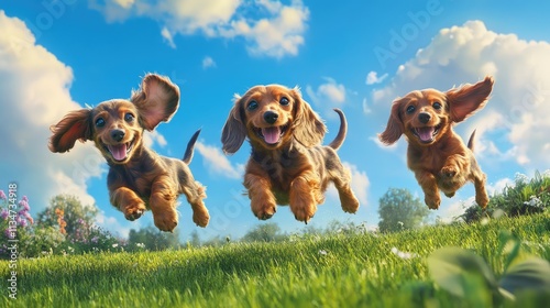Wiggly dachshund puppies romp through a sunny green park, their playful energy sparkling against the vibrant blue sky,