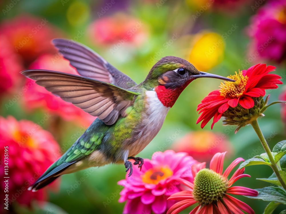 Fototapeta premium Captivating Architectural Photography of Rubythroated Hummingbird Drinking Nectar in Wisconsin's Natural Landscape