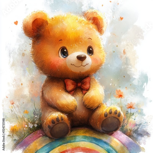 Cute Cartoon Bear on Rainbow Watercolor Illustration for Kids Baby Shower Birthday Cards Posters