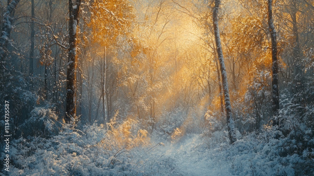 A serene winter forest with snow-covered trees and golden sunlight streaming through the branches A serene winter forest with snow-covered trees and golden sunlight streaming through the branches