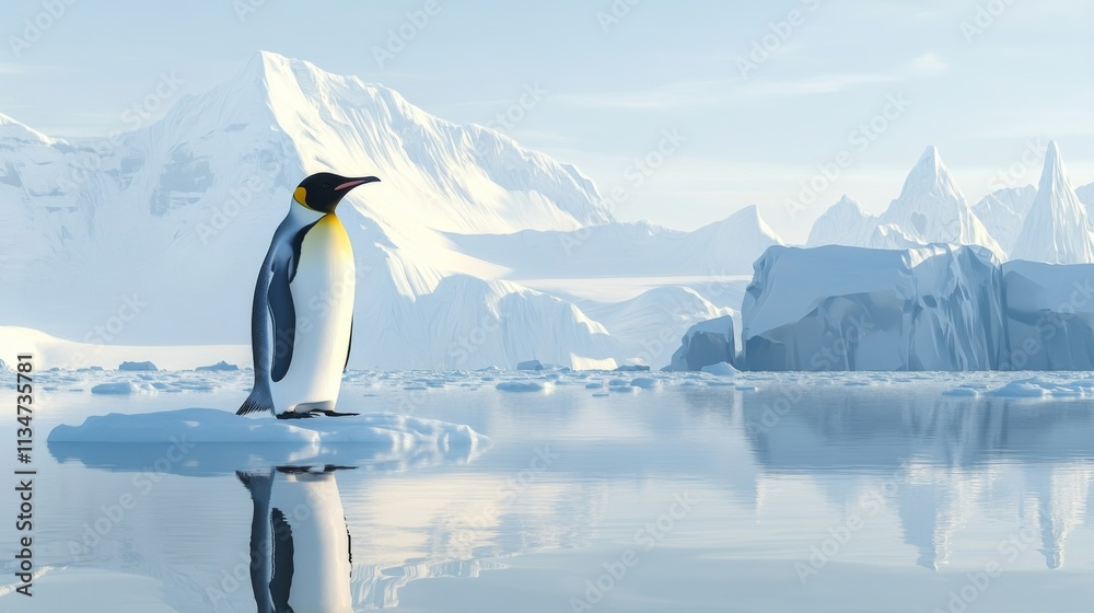 Fototapeta premium A Serene king penguin on ice floe, antarctic landscape