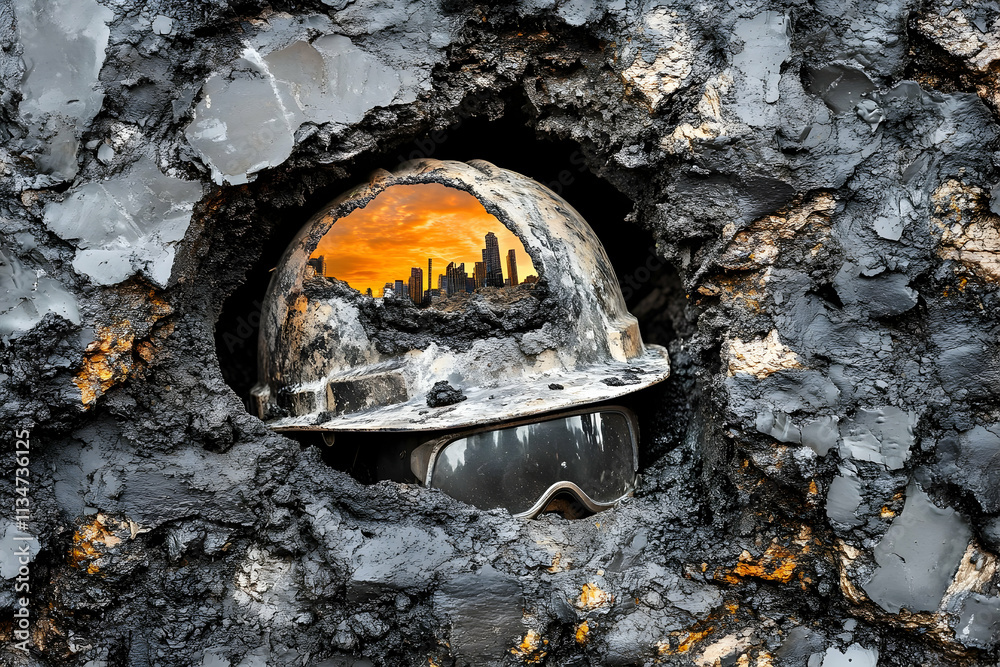 Dirty hard hat in hole reflecting city. Dirty hard hat in hole reflecting city.