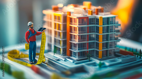 Construction Model with Builder Figurine Measuring Building Blueprint Using Tape Measure in Vibrant Urban Setting