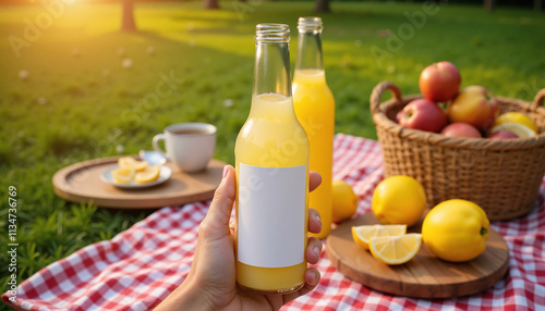 Hand holding a refreshing lemonade bottle with a blank label on a picnic background with fruits, mockup trend