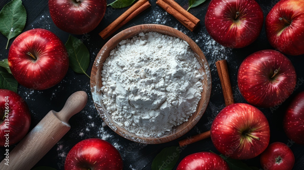 Red apples, flour, cinnamon sticks, and rolling pin on a dark background. Red apples, flour, cinnamon sticks, and rolling pin on a dark background.