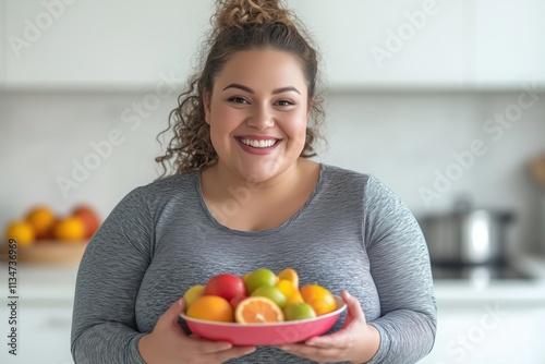 In a vibrant kitchen, a cheerful woman holds a bowl overflowing with colorful fruits, highlighting the importance of healthy eating habits and meal preparation for overall wellness and vitality photo