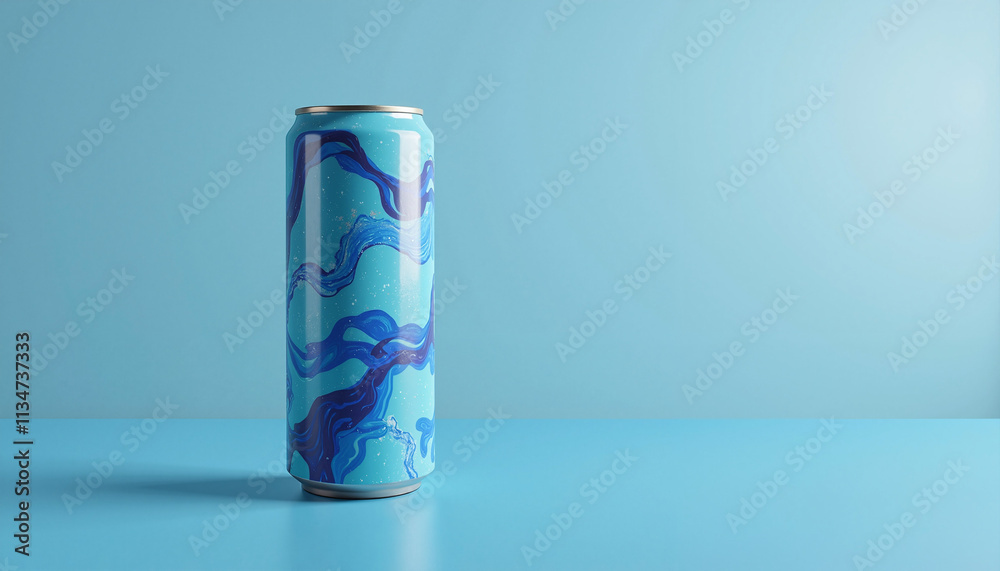 Artistic beverage can mockup with colorful wave pattern on light blue background Artistic beverage can mockup with colorful wave pattern on light blue background