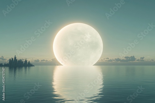 Majestic moon illuminates serene lake, casting enigmatic reflections in a tranquil atmosphere