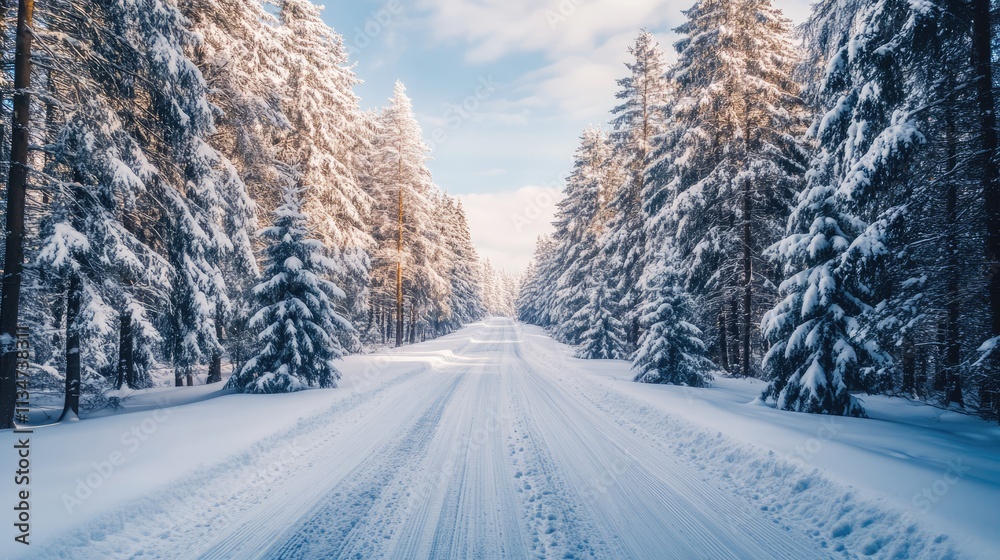 Fototapeta premium Winter forest background with a road perspective and Christmas trees under snow