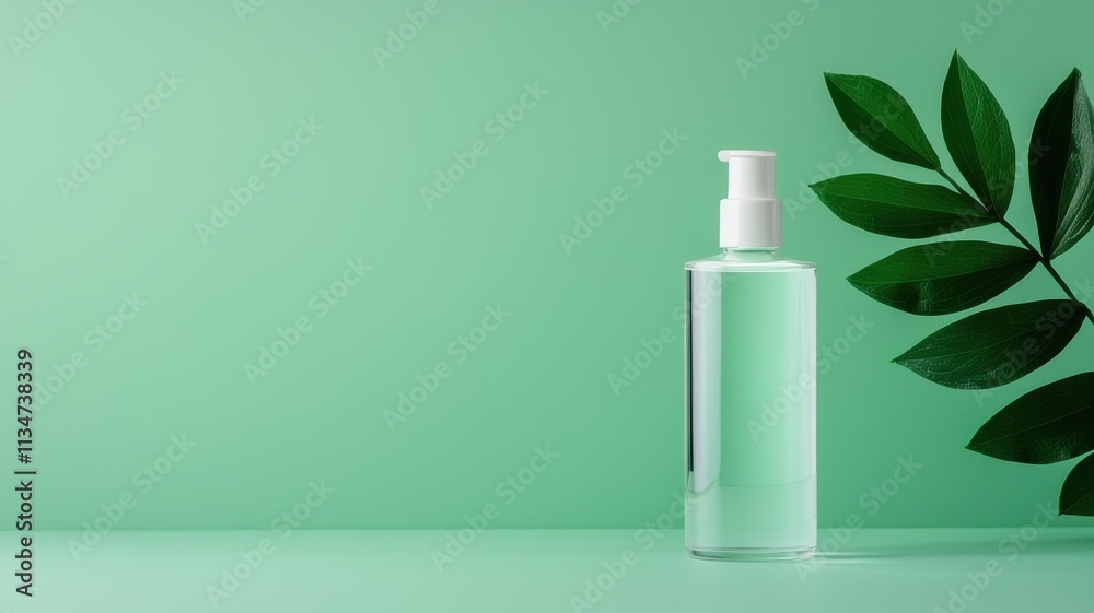 Minimalist bottle with green background and leaf. Minimalist bottle with green background and leaf.