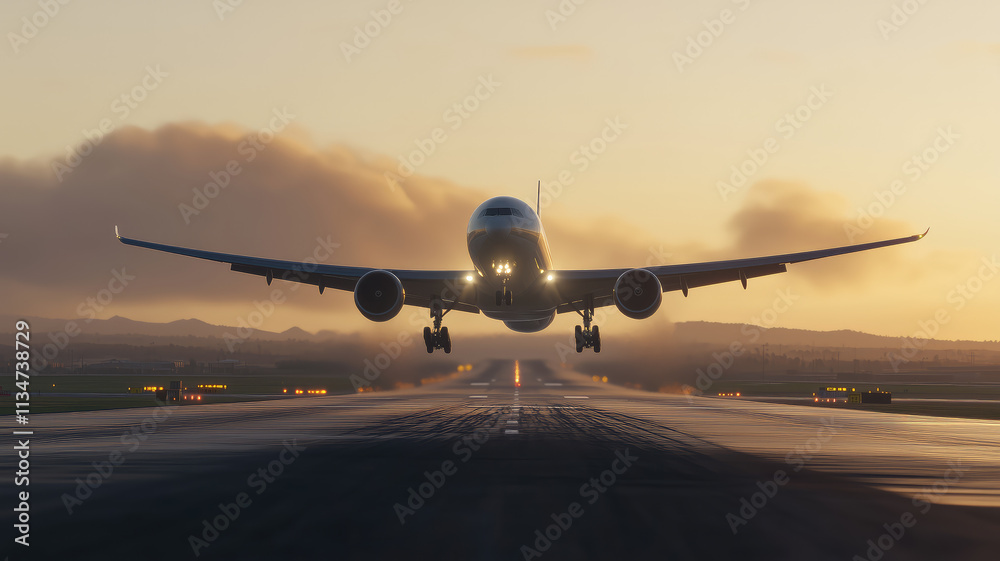 airplane landing at sunset