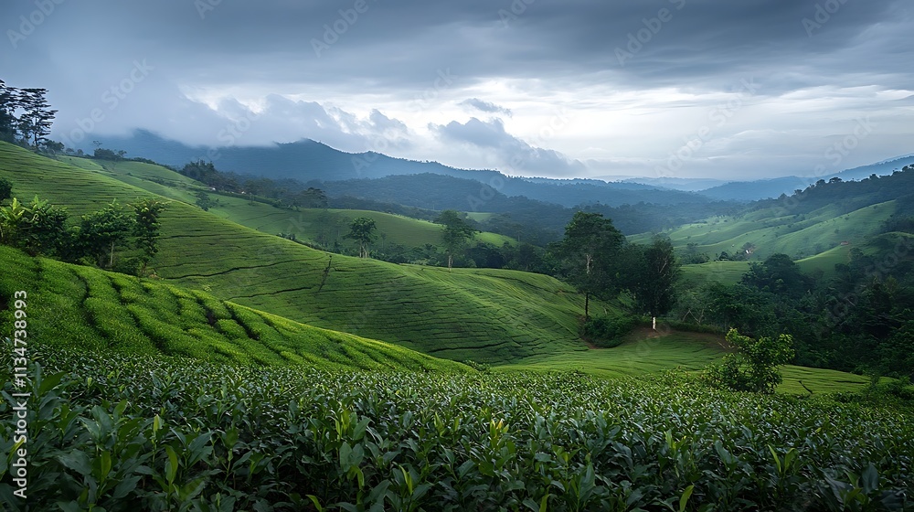 Lush Green Tea Plantation Rolling Hills Landscape Lush Green Tea Plantation Rolling Hills Landscape