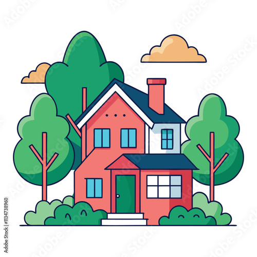 Charming House Surrounded by Lush Trees and Vibrant Foliage A Line Art Vector Illustration On White Background