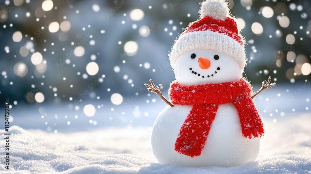 Fototapeta premium Winter holiday christmas background banner - Closeup of cute funny laughing snowman with wool hat and scarf, on snowy snow snowscape with bokeh lights