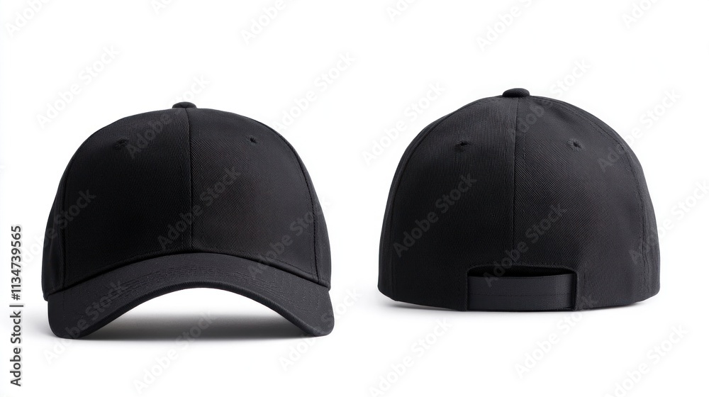 Black baseball cap presented in both front and side views, showcasing its sleek design and structure without any logos or markings, perfect for casual wear or sports Black baseball cap presented in both front and side views, showcasing its sleek design and structure without any logos or markings, perfect for casual wear or sports