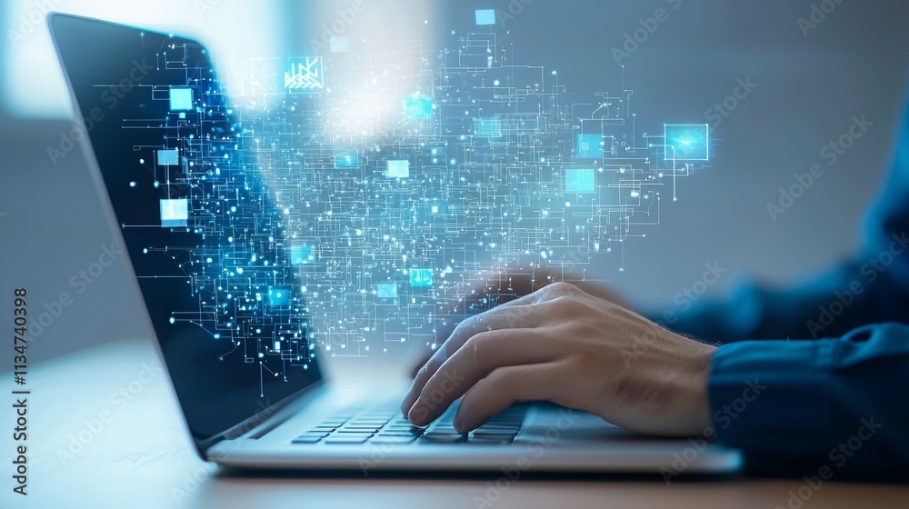 A person typing on a laptop with digital data visualizations emerging from the screen. A person typing on a laptop with digital data visualizations emerging from the screen.