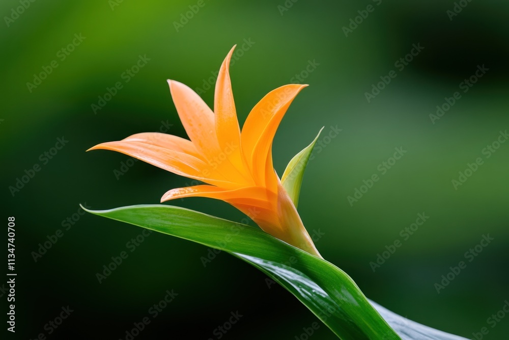 Obraz premium A bright orange flower emerges from lush green foliage, capturing a peaceful moment in nature. This botanical beauty radiates vibrant colors under soft lighting