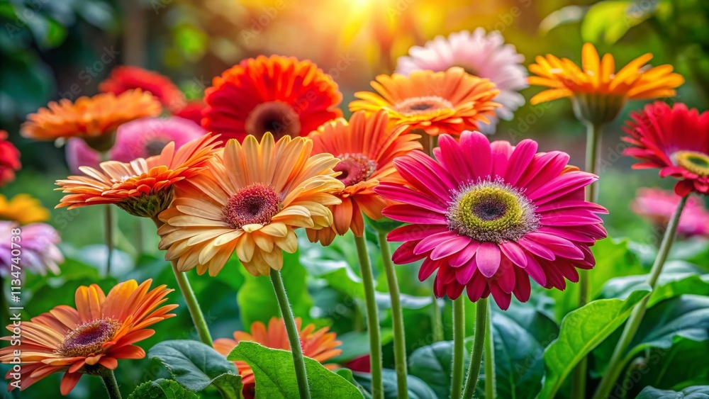 Fototapeta premium Captivating Candid Photography of Vibrant Gerbera Flowers in a Lush Garden Setting, Showcasing Their Natural Beauty and Colorful Petals Under Soft Natural Light