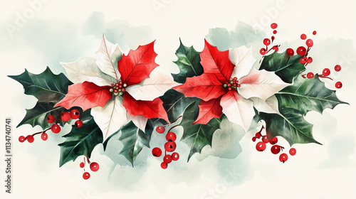 Natural and fluid watercolor of red and white poinsettias, holly leaves, and berries, bringing festive charm to the season.