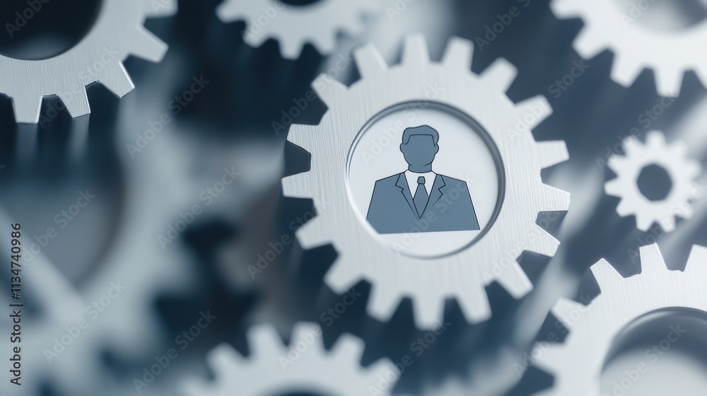 Metal gears encircle a human figure, symbolizing the relationship between people and technology in contemporary industry. This visual highlights the synergy of manpower and machinery Metal gears encircle a human figure, symbolizing the relationship between people and technology in contemporary industry. This visual highlights the synergy of manpower and machinery