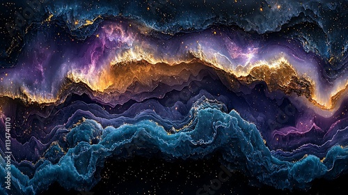 A swirling galaxy-like abstract with deep purple, blue, and gold tones, glowing effects, smooth gradients