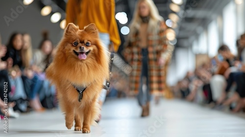 A stylish dog walks down a runway during a fashion show, showcasing pet fashion trends.