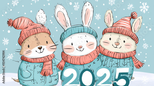 Cute cartoon style animals celebrating new year 2025 with winter attire. cheerful bunnies are wearing colorful sweaters and hats against snowy background
