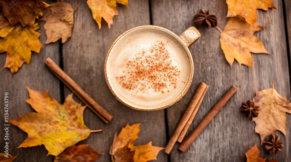 A pumpkin spice latte on a wooden table A pumpkin spice latte on a wooden table