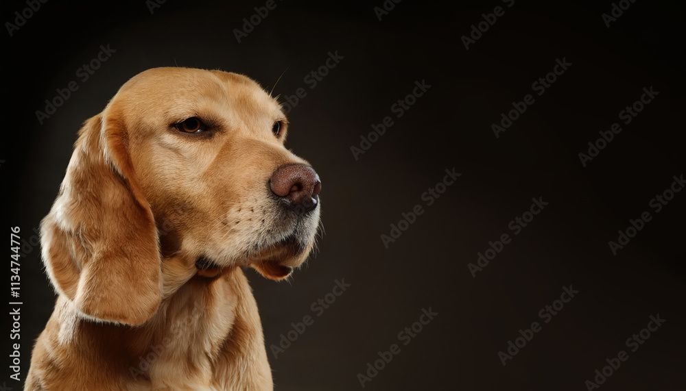 Closeup of a golden Spanador dog breed isolated on dark background with copy space Closeup of a golden Spanador dog breed isolated on dark background with copy space