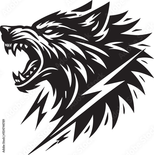 A roaring wolf head with streaks of lightning vector silhouette black