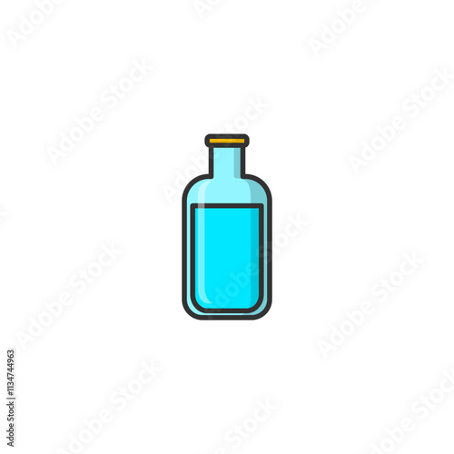 Illustration of a transparent glass bottle containing blue liquid, set on a solid white background. Perfect for minimalistic, modern designs or concepts related to liquids, bottles, or containers.