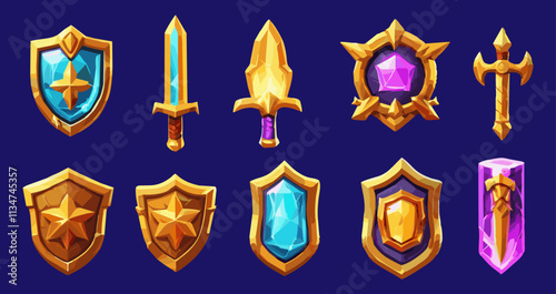 Collection of golden shields and swords with precious stones for role playing games