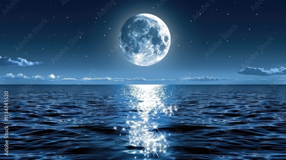 Fototapeta premium Moonlight reflecting on calm ocean water creates a serene nighttime atmosphere