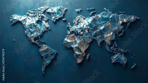 Fototapeta Naklejka Na Ścianę i Meble -  Metallic low poly world map reflective surface global geography earth map world continents countries travel exploration adventure journey design