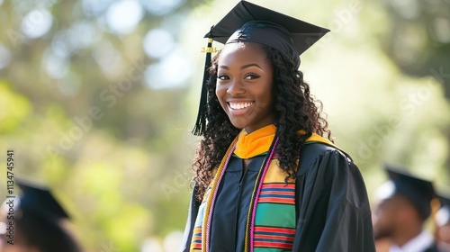 A black university graduate walking across the stage during a commencement ceremony, smiling and receiving their diploma.  photo