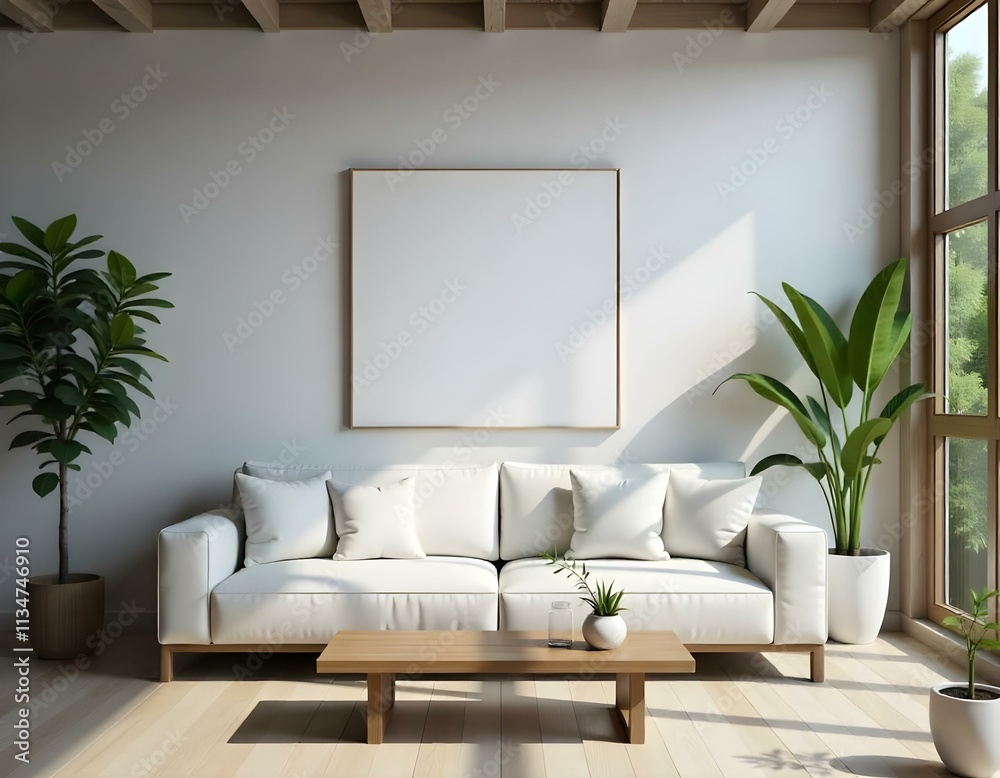Fototapeta premium A modern, minimalist living room with a large white sofa, wooden coffee table, and potted plants. The room has a bright, airy feel with natural light streaming in through the windows