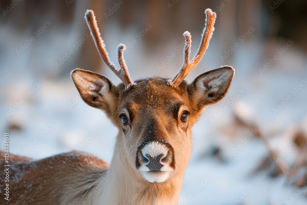 A close-up of a curious reindeer showcasing its majestic features, set against a stunning snowy forest background, highlighting the beauty of wildlife in winter. A close-up of a curious reindeer showcasing its majestic features, set against a stunning snowy forest background, highlighting the beauty of wildlife in winter.