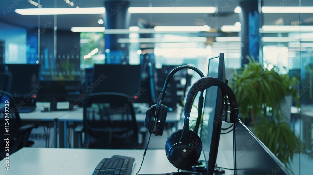 Fototapeta premium Headset and customer support equipment at call center ready for actively service . Corporate business help desk and telephone assistance concept