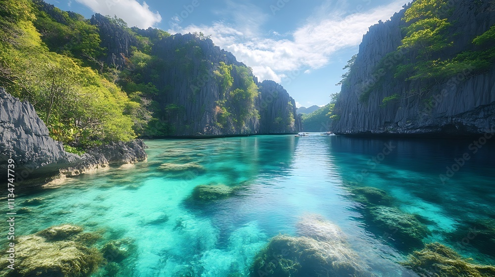 Serene Turquoise Lagoon Between Verdant Cliffs Serene Turquoise Lagoon Between Verdant Cliffs