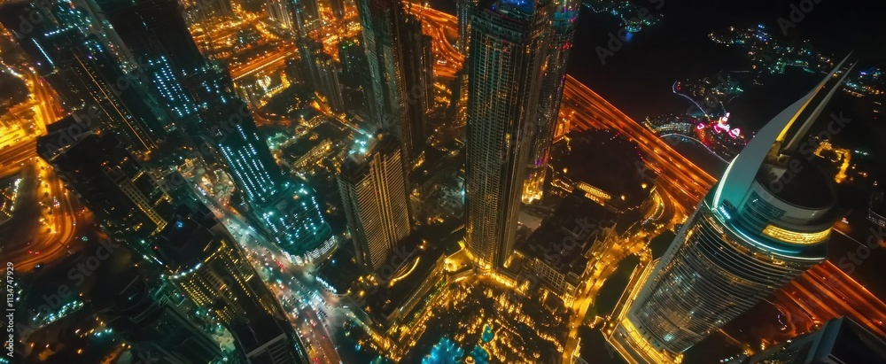 Aerial Night View of Illuminated Dubai Skyscrapers Aerial Night View of Illuminated Dubai Skyscrapers