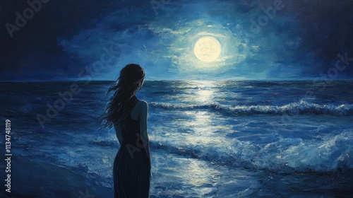Woman Gazing at the Moonlit Ocean