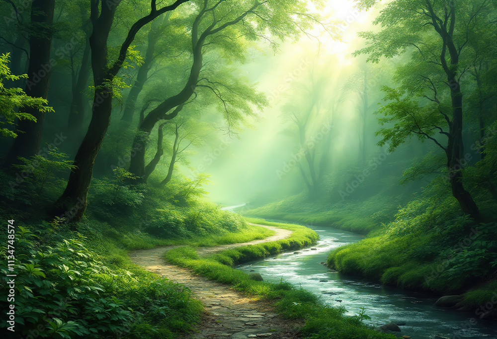 Fototapeta premium Enchanting Forest Path, Sunlight Streams Through Lush Trees