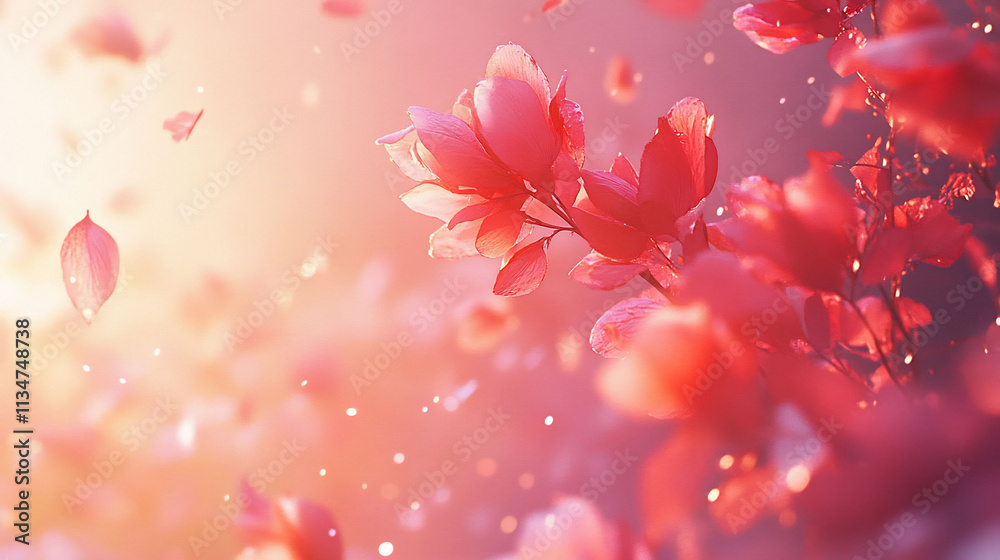 Soft pink flowers with petals drifting in a warm, dreamy atmosphere. Soft pink flowers with petals drifting in a warm, dreamy atmosphere.