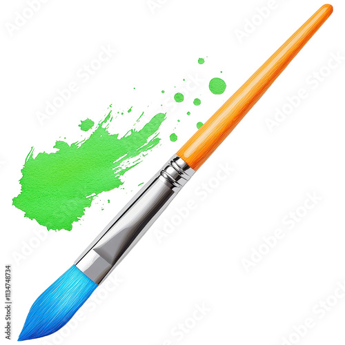 Vibrant Paintbrush with Blue Tip and Green Splatters Capturing the Essence of Artistic Expression photo