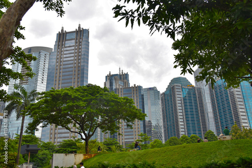 View of office buildings in Jakarta from the City Forest in the Gelora Bung Karno area, Jakarta, December 15, 2024 photo